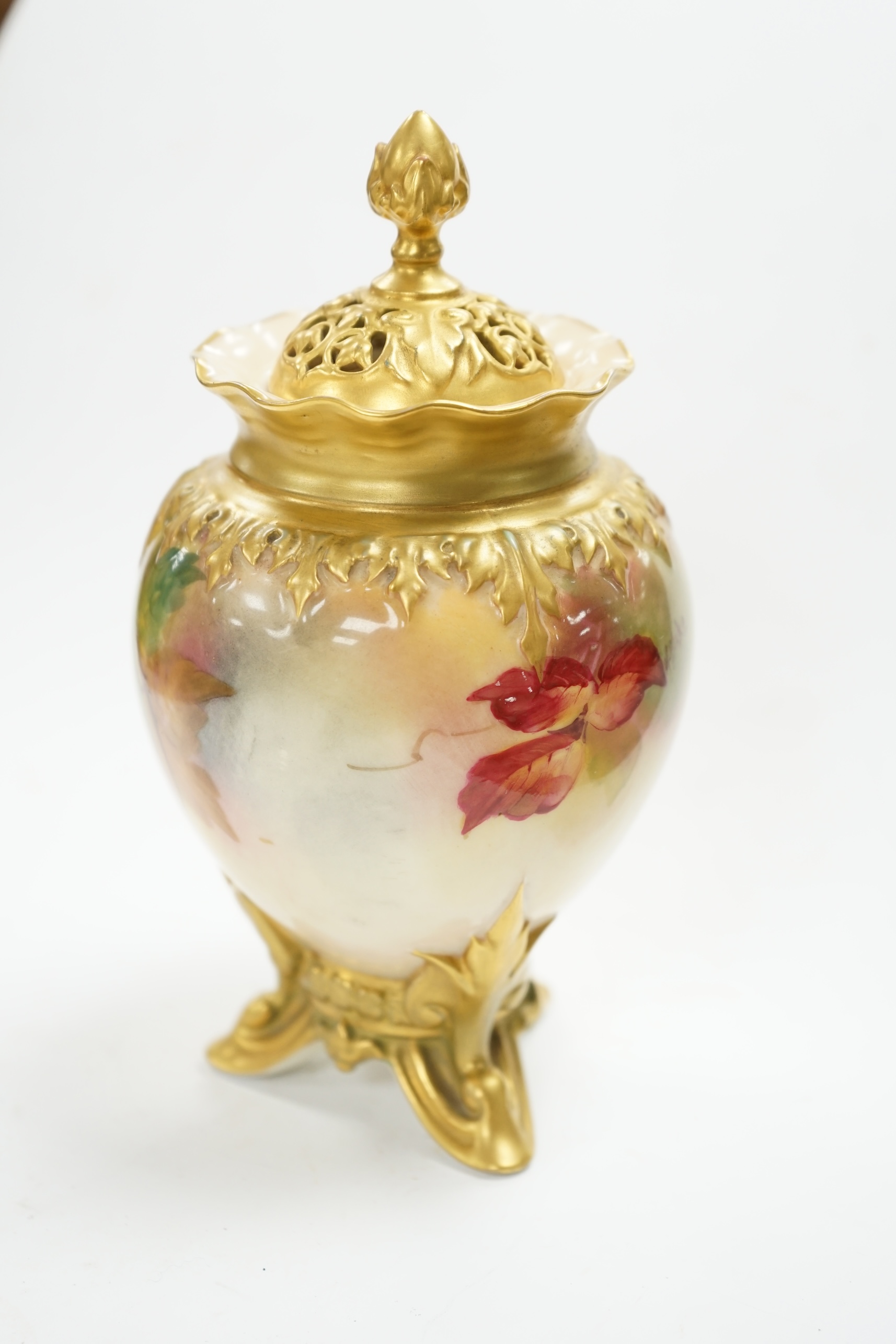 A Worcester K. Blake, hand decorated jar and associated cover, 17cm including cover. Condition - jar good, cover rim chipped